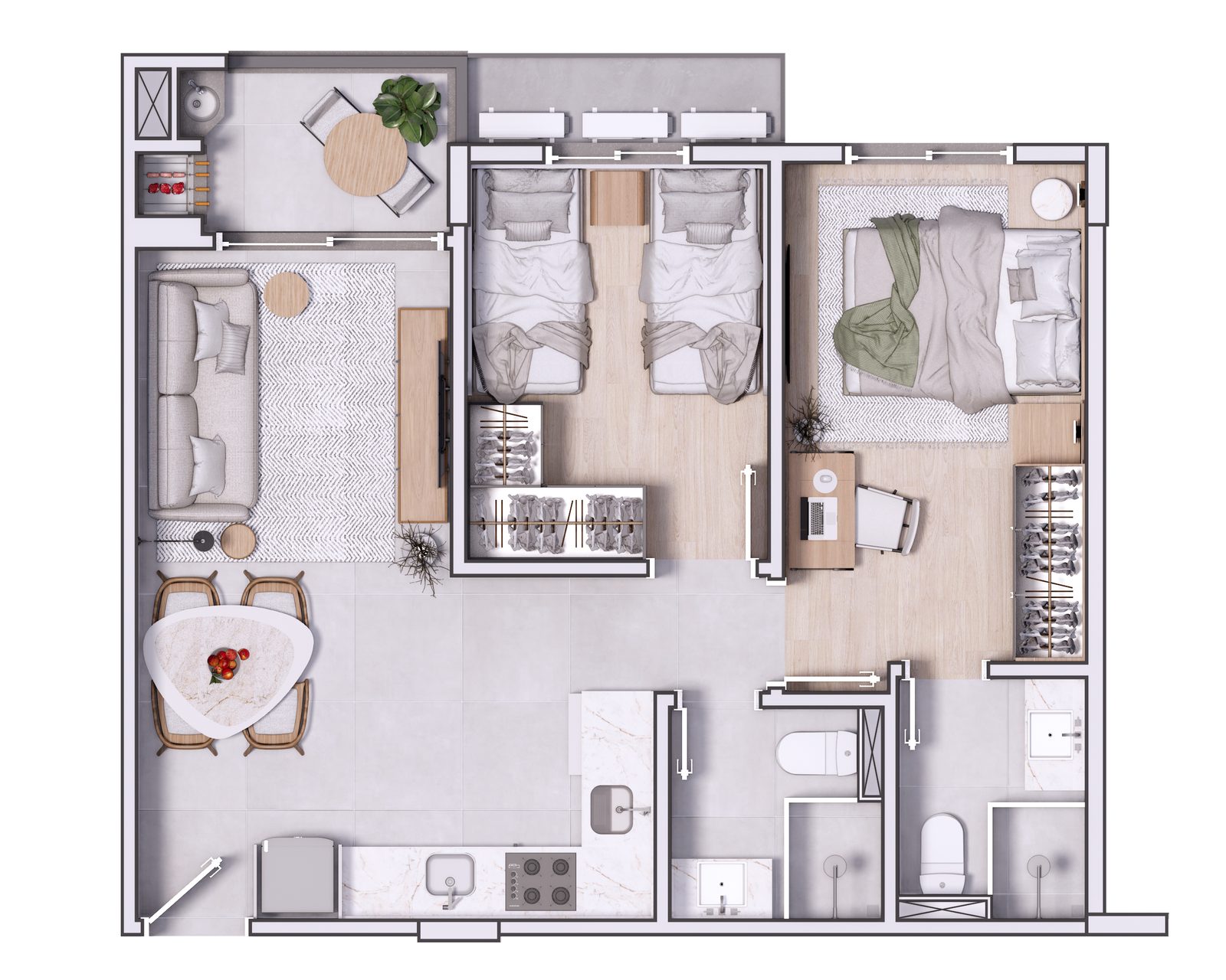 Planta humanizada do apartamento tipo B do Porto Príncipe