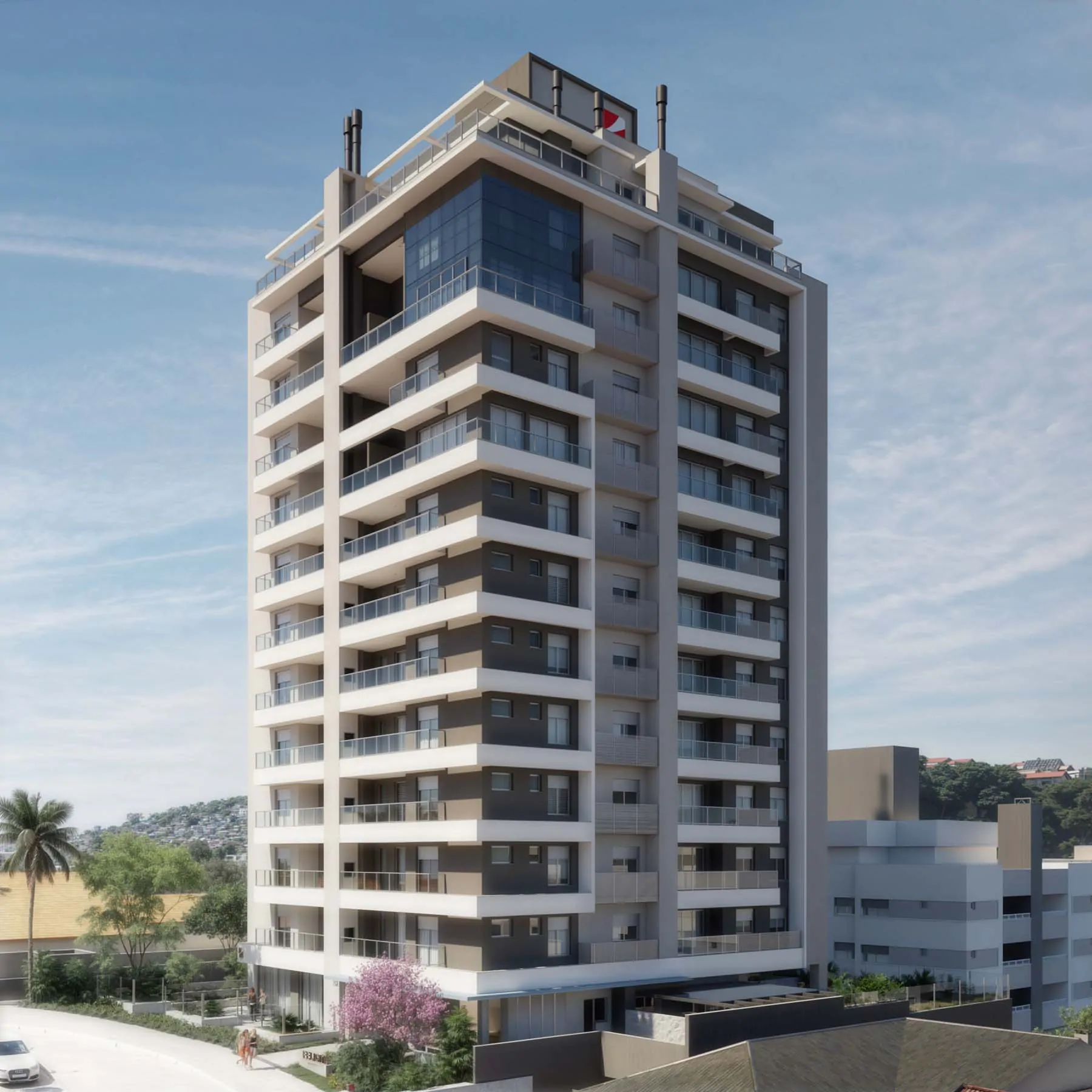 Fachada do Felicità Residence ao entardecer, no bairro Abraão em Florianópolis